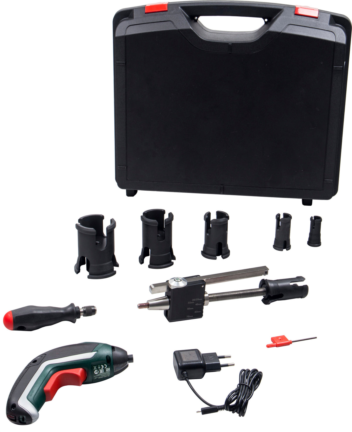 Pipe End Peeler Drill Powered C/W Mandrels 25/32/40/50/63/75 Sdr11 Incl Bosch Drill & Case