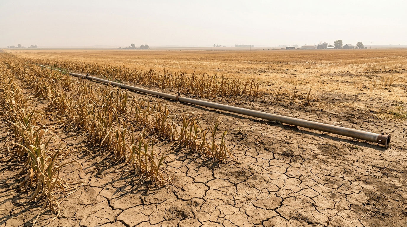 A long metal irrigation pipe running across a cracked, dry earth field with withered, brown crops under a hazy sky during a severe drought.