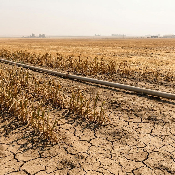 A long metal irrigation pipe running across a cracked, dry earth field with withered, brown crops under a hazy sky during a severe drought.