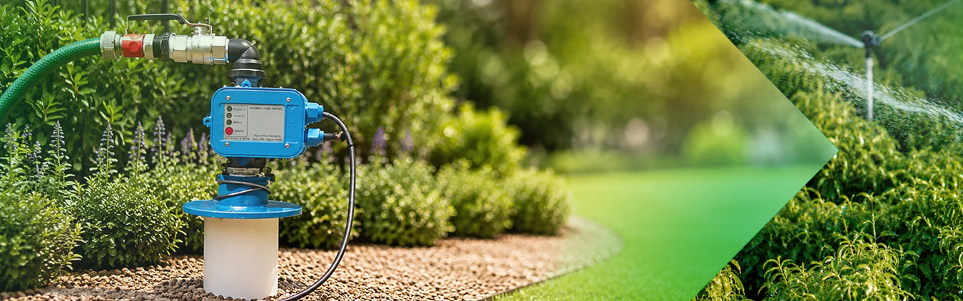 A split image showing a blue control unit for bore pumps installed in a garden on the left and automatic sprinklers watering lush crops on the right.