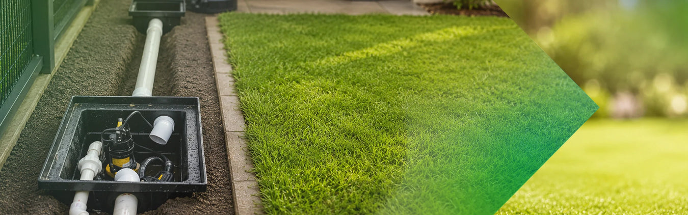 Drainage & Sump pumps shown with an outdoor sump pit and lawn drainage system.
