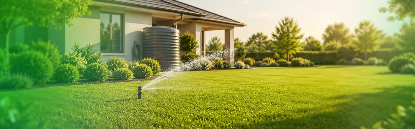 Jet Pumps supporting lawn irrigation from a rainwater tank in a residential garden setting.