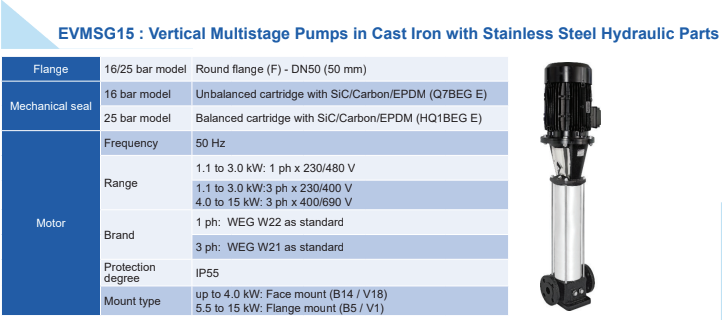 EVMSG 15-2F5 : Cast Iron with Stainless Steel Hydraulic Parts 2.2kW 3ph