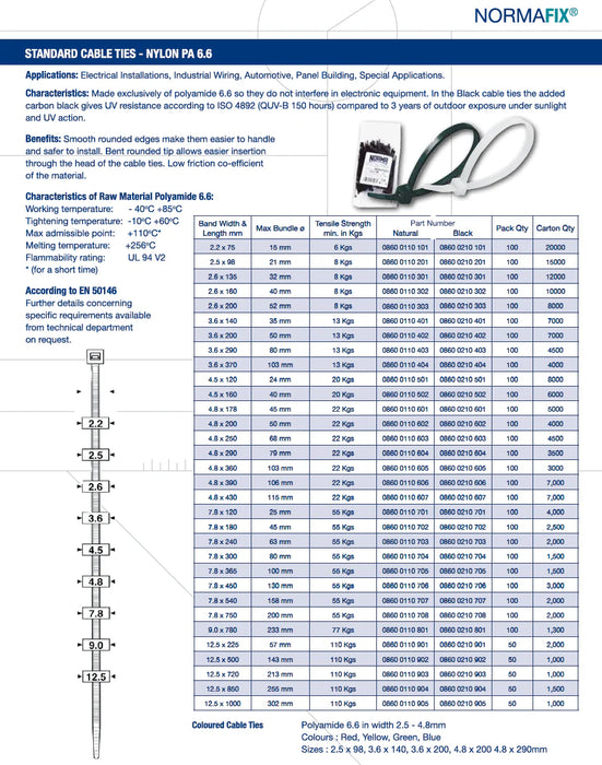 Black Cable Tie, 250Mm L, 7.6Mm Wide, 100 Pack
