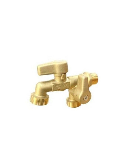 Brass Hose Cock Dual Outlet 1/4 turn Ball Valve (Inlet 20mm Male x Outlet 25mm Male)